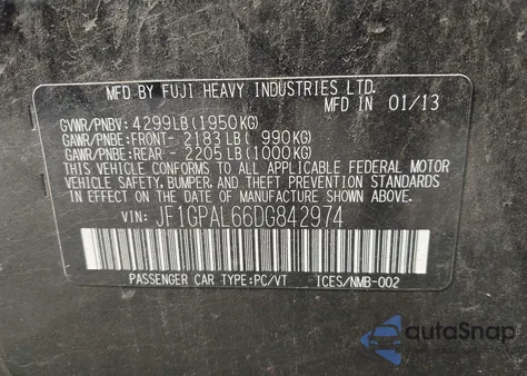 2013 Subaru Impreza 2.0I Sport Premium from USA, damaged, VIN JF1GPAL66DG842974